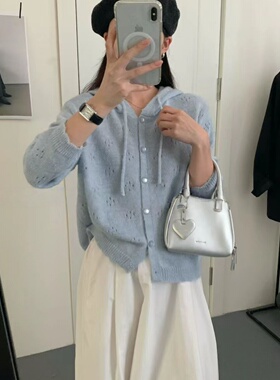春季新款2026针织衫纯色外搭连帽宽松开衫韩系薄款短款镂空上衣女