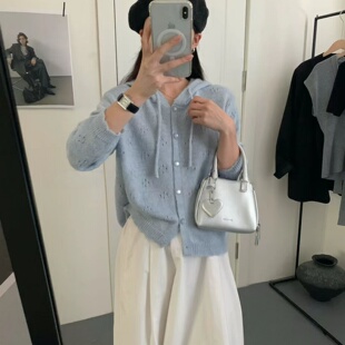 春季新款2026针织衫纯色外搭连帽宽松开衫韩系薄款短款镂空上衣女