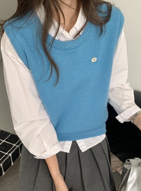 韩系新款圆领宽松针织马甲2026春季套头短款外搭女装毛衣背心坎肩