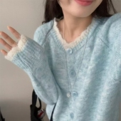 撞色外搭上衣女2025简约韩系针织衫 秋冬新款 蓝色针织开衫 毛衣外套