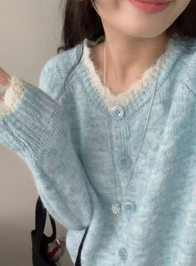 秋冬新款蓝色针织开衫撞色外搭上衣女2025简约韩系针织衫毛衣外套