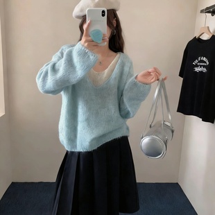 甜美春秋新款V领纯色假两件宽松针织衫薄款上衣女装韩系外搭