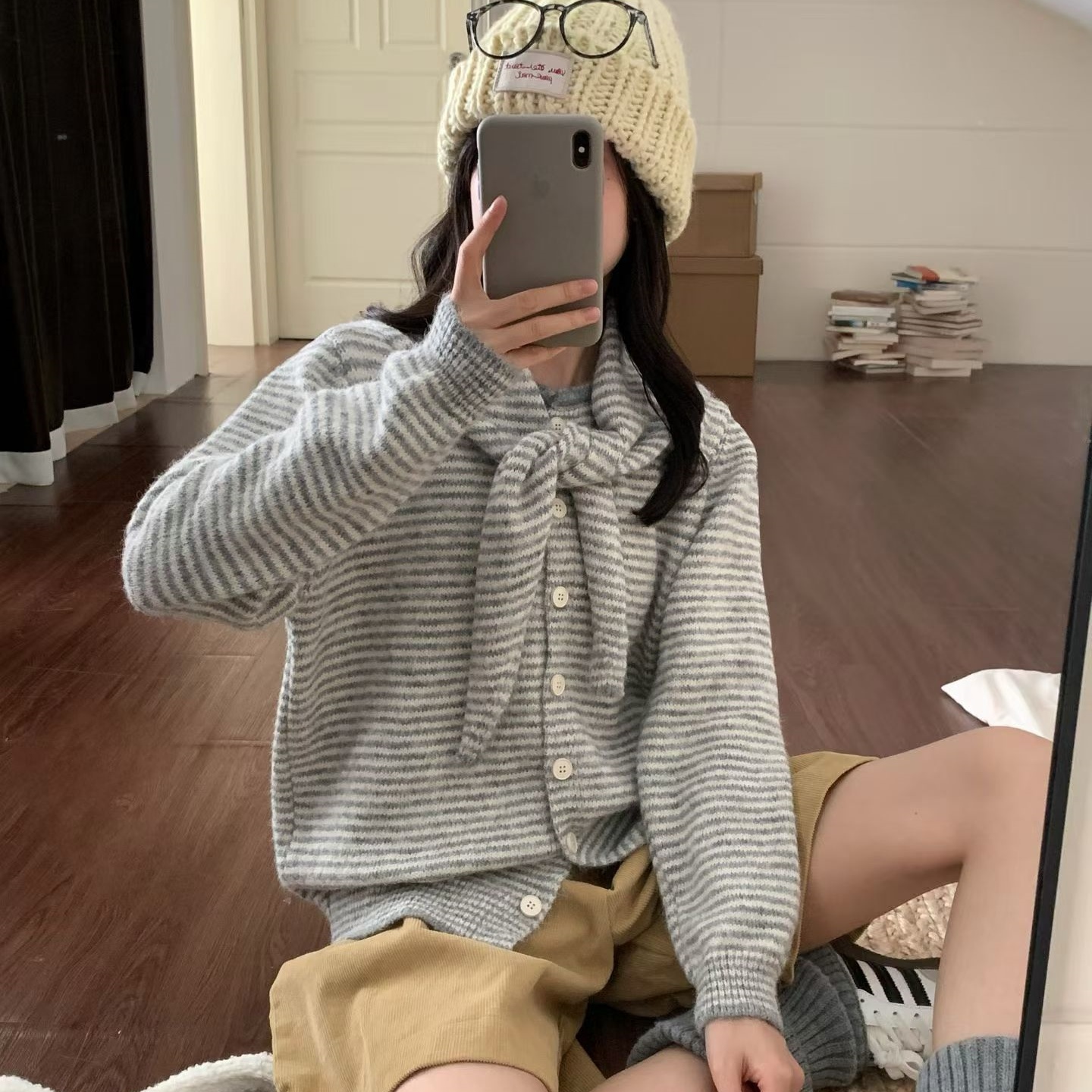 秋冬新款2025针织开衫内搭披肩圆领上衣女士宽松条纹韩系毛衣外穿