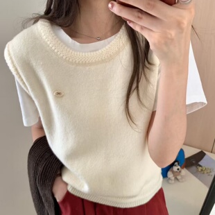 新款 韩系女装 无袖 背心外搭 春秋圆领纯色宽松针织马甲叠穿2026短款