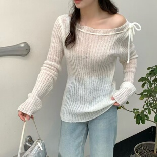 心机薄款 新款 开衫 纯色外搭系带修身 露肩镂空上衣女 2026春秋针织衫