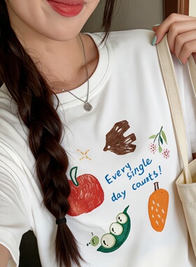 新款夏季2026蔬菜印花T恤宽松圆领上衣清新甜美体恤女装白色短袖