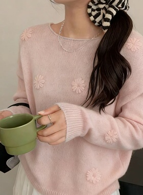 甜美春秋新款圆领纯色钩花宽松针织开衫2026薄款上衣女装韩系外搭