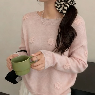 甜美春秋新款圆领纯色钩花宽松针织开衫2026薄款上衣女装韩系外搭