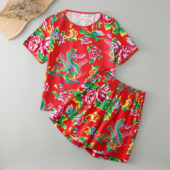 二人转嘻哈女夏唐装 东北大花布时尚 套装 T恤潮短裤 舞蹈演出服 短袖