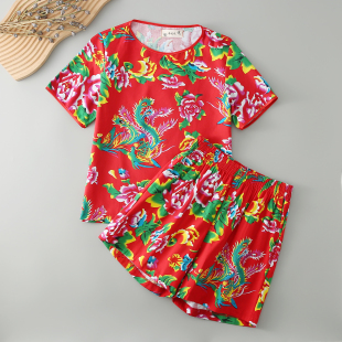 二人转嘻哈女夏唐装 东北大花布时尚 套装 T恤潮短裤 舞蹈演出服 短袖