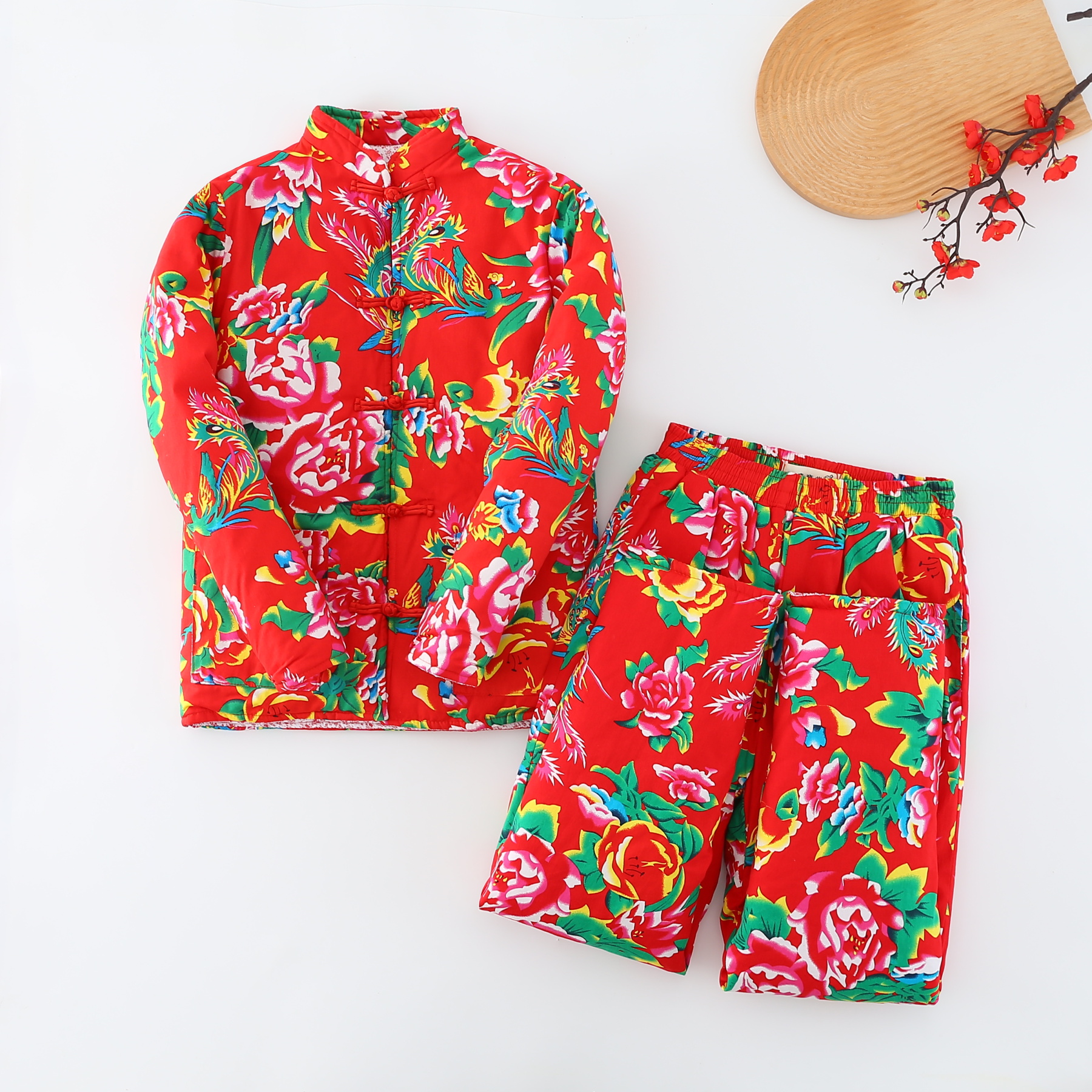 大花布丝绵棉衣棉裤套装