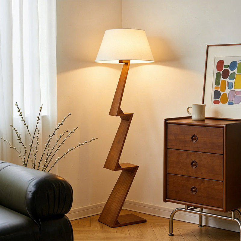 中古风实木z字形落地灯复古布艺客厅沙发旁置物架卧室充电氛围灯