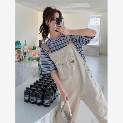 学院风卡其色设计感小众背带裤女夏2025年宽松漂亮工装直筒连体裤