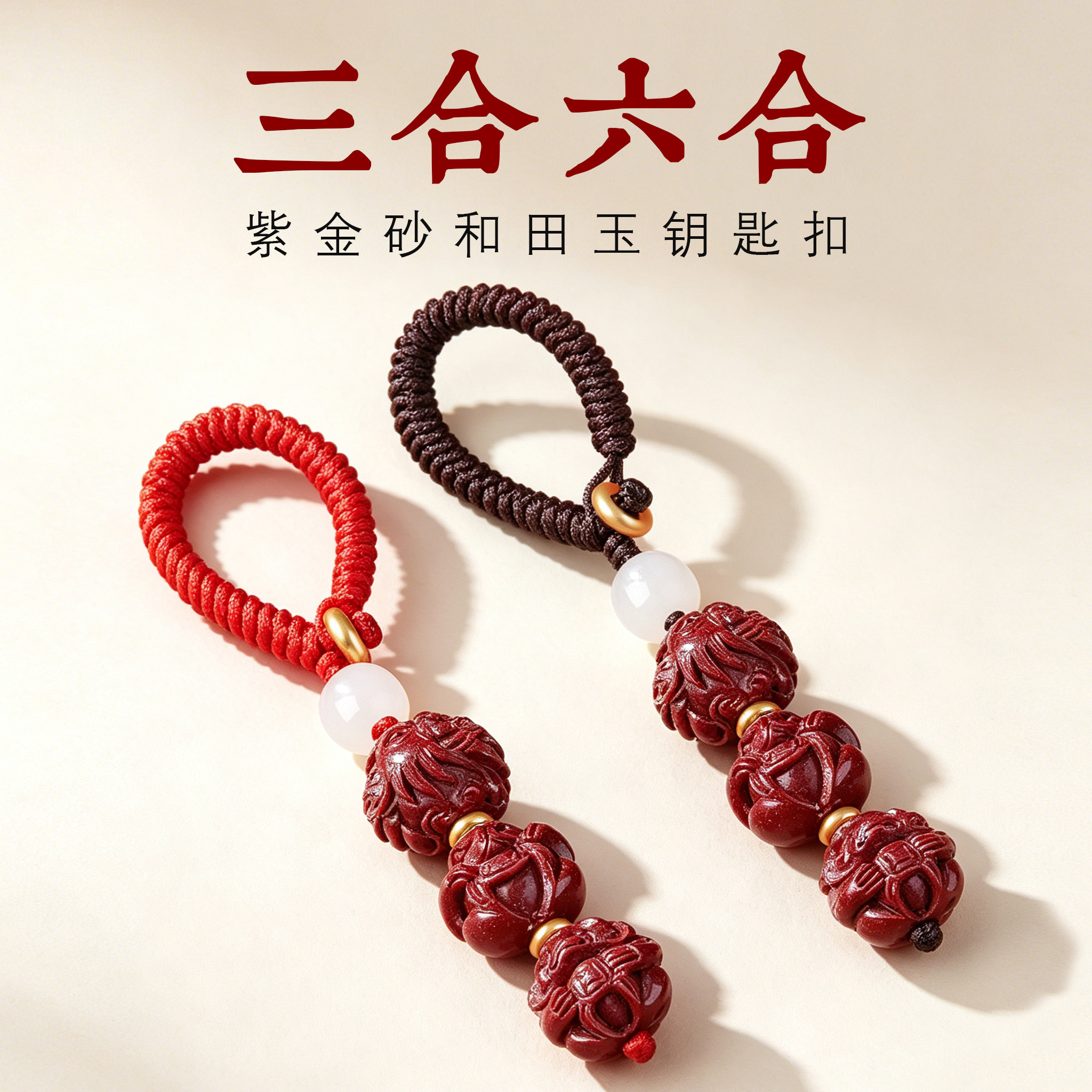 红绳和田玉朱砂生肖六合车钥匙挂