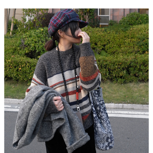 全羊毛套头圆领条纹彩色毛衣撞色毛衣女
