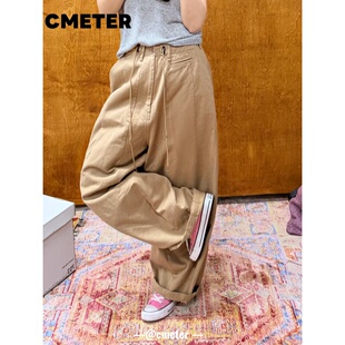 CMETER高腰宽松直筒裤女显瘦抽绳阔腿裤