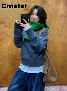 Cmeter烟灰羊毛羊绒套头圆领打底毛衣毛衫