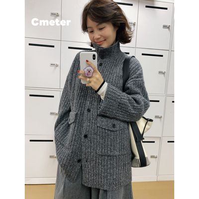 cmeter 羊毛花灰立领开衫休闲宽松毛衣女