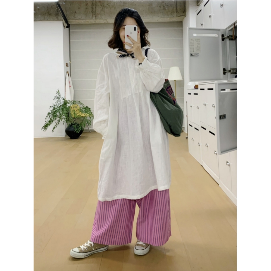 CMETER  纯苎麻中长款套头无领长袖衬衫裙