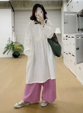 CMETER  纯苎麻中长款套头无领长袖衬衫裙