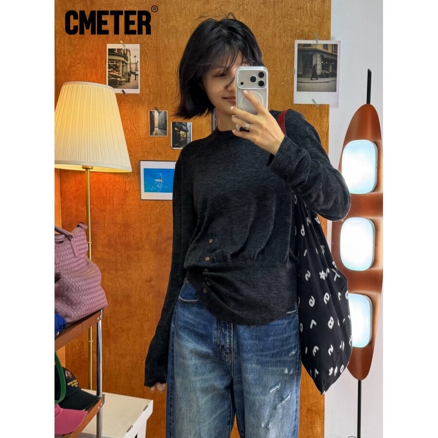 Cmeter亚麻羊毛套头针织衫女圆领褶皱设计宽松薄款上衣