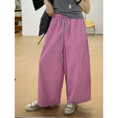 cmeter 秋季竖条纹亚麻棉抽绳休闲阔腿裤直筒裤女