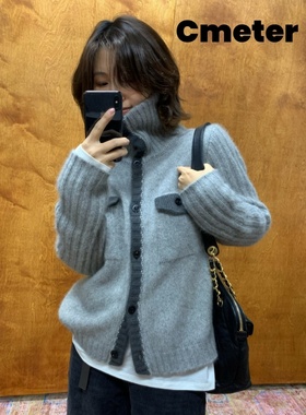 cmeter高领撞色浣熊绒针织开衫女慵懒毛衣外套