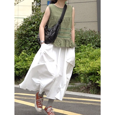 褶皱贴布纯色圆领下摆花边百搭