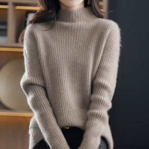 23秋冬坑条半高领100%羊绒衫女宽松显瘦加厚毛衣时尚针织打底上衣