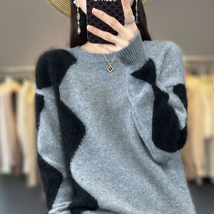 2023秋冬新款100%羊绒衫女圆领拼色上衣套头宽松韩版时尚打底毛衣