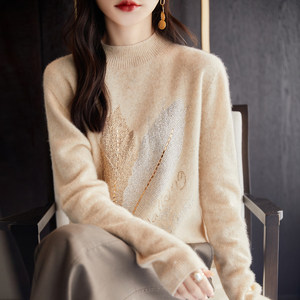 100%羊绒衫女半高领树叶镶钻提花长袖针织宽松套头毛衣针织打底衫
