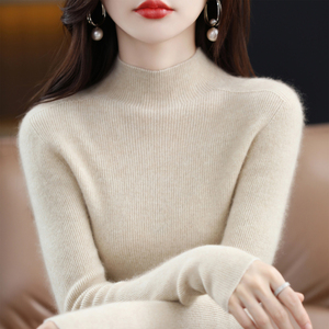 23秋冬新款100%羊绒衫女半高领修身毛衣纯色无缝抽条内搭打底上衣