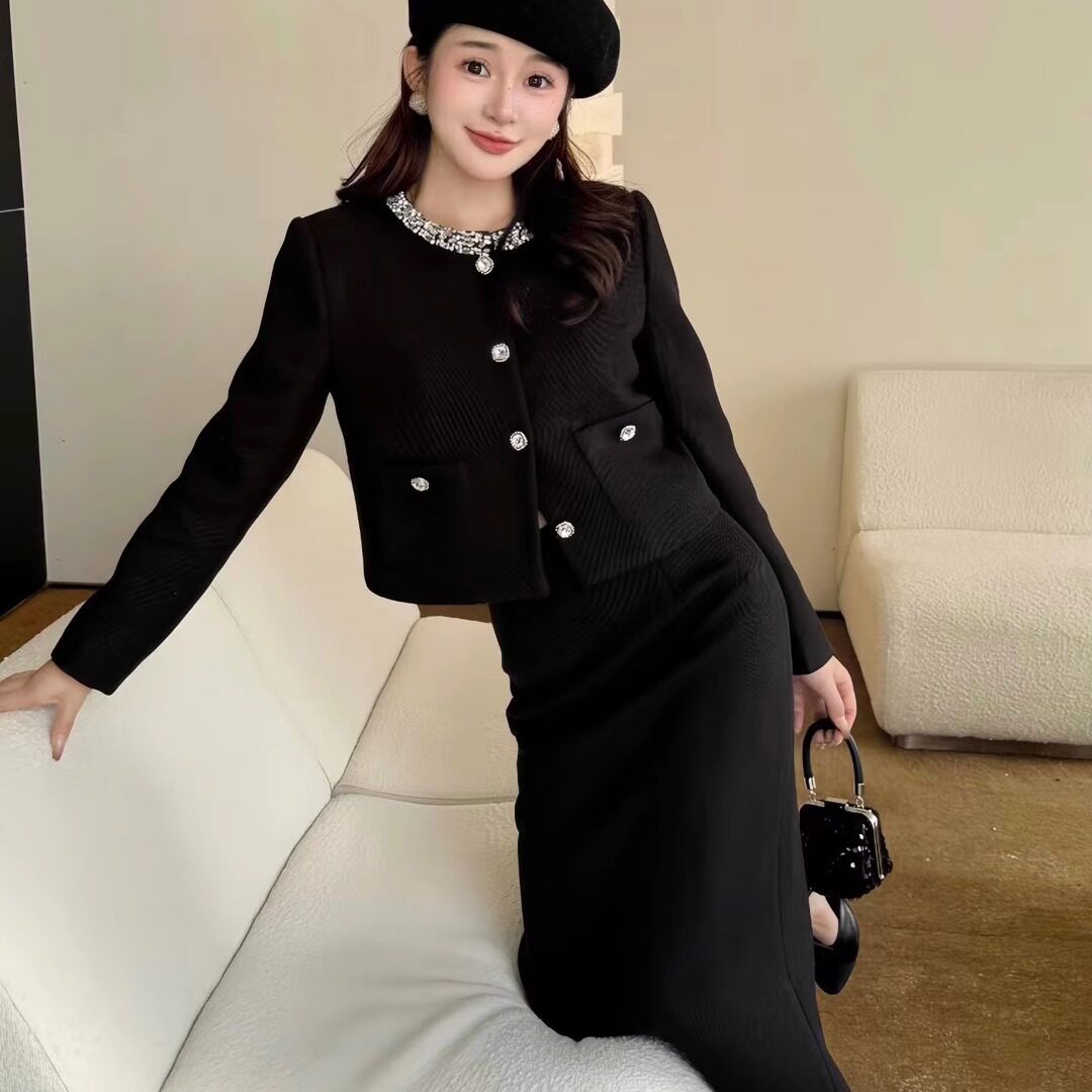 气质名媛订钻羽绒服小香风外套高腰显瘦半身裙长裙半裙两件套女冬