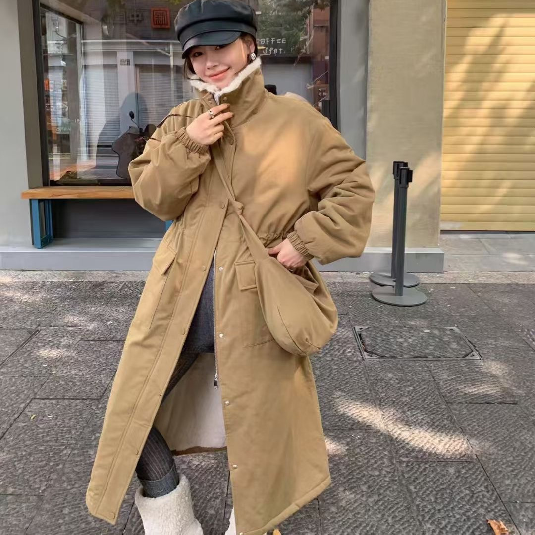 羊羔毛内胆工装派克服女冬季新款韩系甜美中长款加绒加厚棉衣棉服