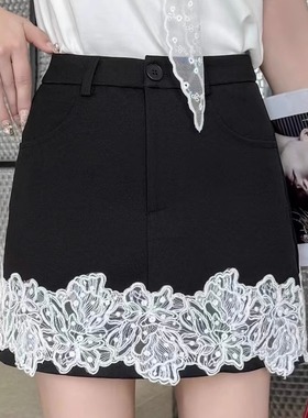 欧货黑色蕾丝拼接半身裙女春季设计感优雅都市西装短裙直筒裙ouse