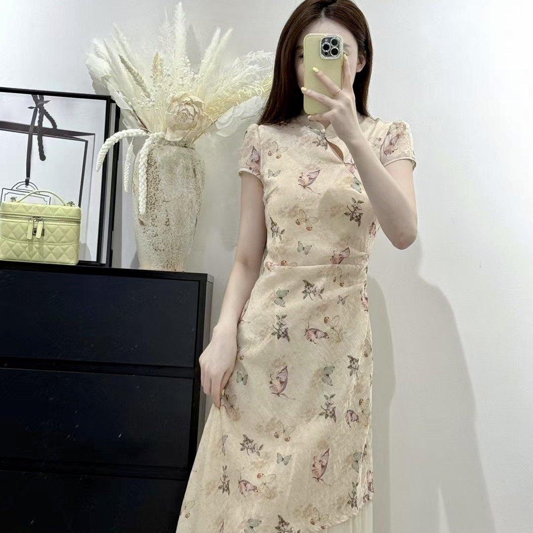 新中式国风改良旗袍连衣裙女夏季减龄蝴蝶印花收腰显瘦温柔长裙子