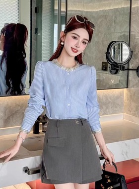 高端轻奢亮钻长袖条纹衬衫女春季气质名媛小众别致亮闪闪上衣ouse