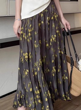 法式复古褶皱印花半身裙女2025秋季遮垮显瘦A字大摆裙长裙子ouse