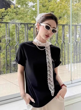 韩版宽松简约配丝巾短袖T恤女夏季2025新款时尚百搭打底上衣 ouse