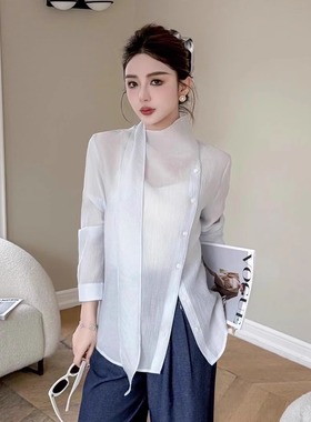 欧货设计感飘带白色衬衫女夏季2025新款高端天丝气质绝美上衣ouse