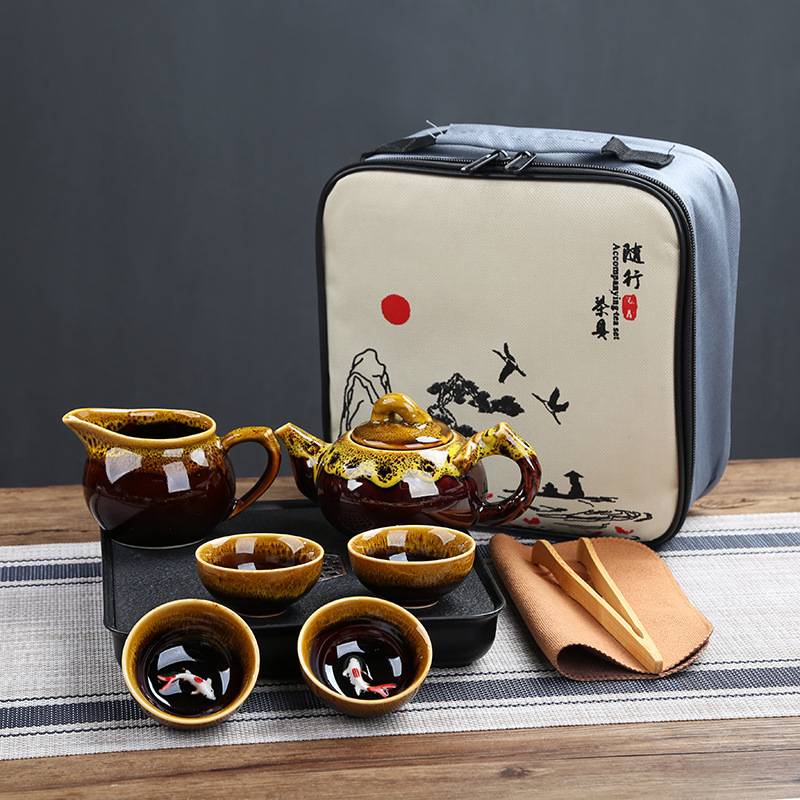 便携式户外旅行茶具茶盘套装窑变鲤鱼车载功夫收纳包喝茶露营装备