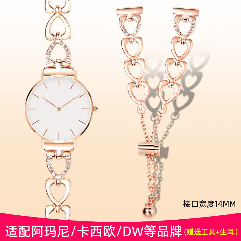 适配DW手表表带 PETITE系列精钢玫E瑰金表链丹尼尔钢带手表带14mm