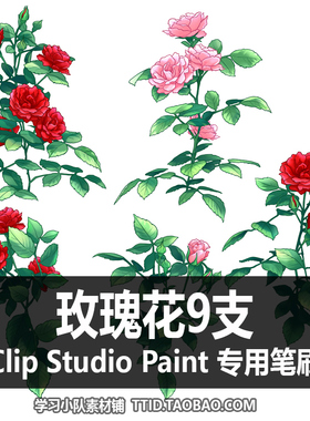A1 284 CSP笔刷 花朵彩色 玫瑰花9支 CLIP STUDIO PAINT