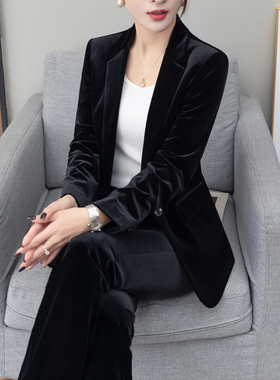 高端黑色金丝绒西装套装女显瘦气质通勤时尚西服垂坠微喇裤两件套