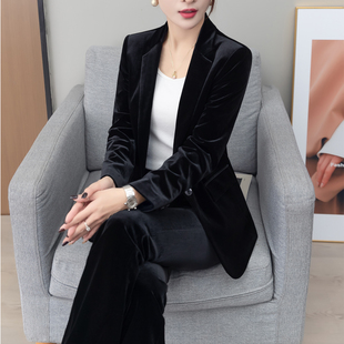 高端黑色金丝绒西装套装女显瘦气质通勤时尚西服垂坠微喇裤两件套