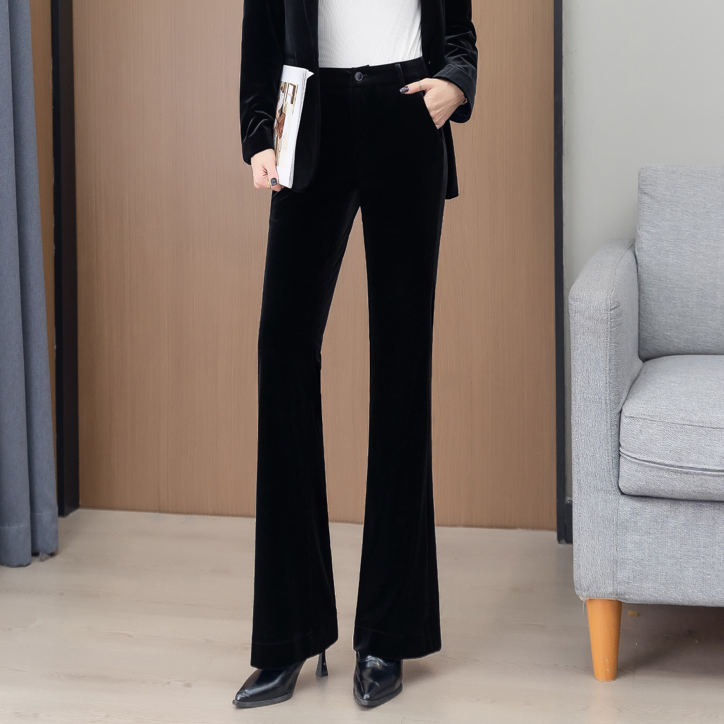 春秋高端金丝绒微喇叭裤休闲气质显瘦黑色时尚通勤垂感百搭女长裤