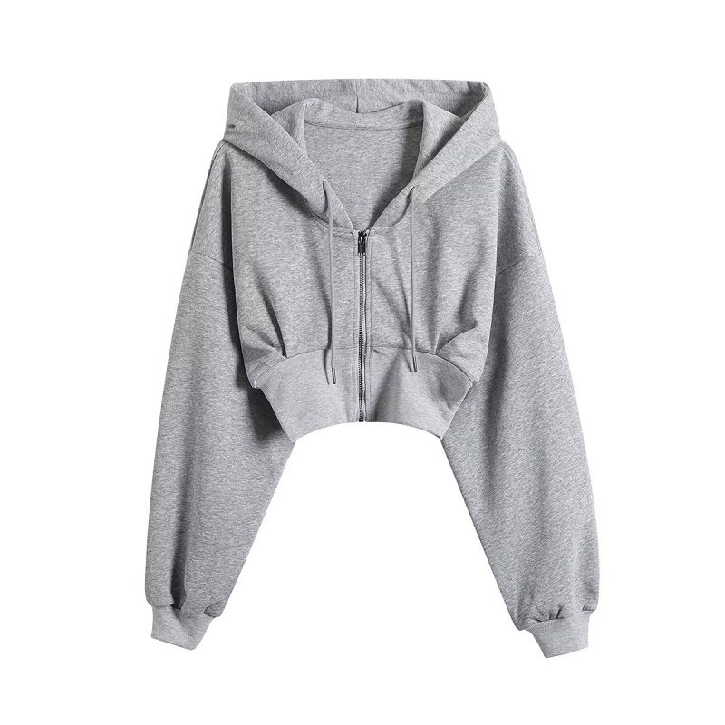 thumbnail for Sicilian European and American style short high-waisted long-sleeved hooded sweatshirt women's autumn waist slim short zipper top jacket