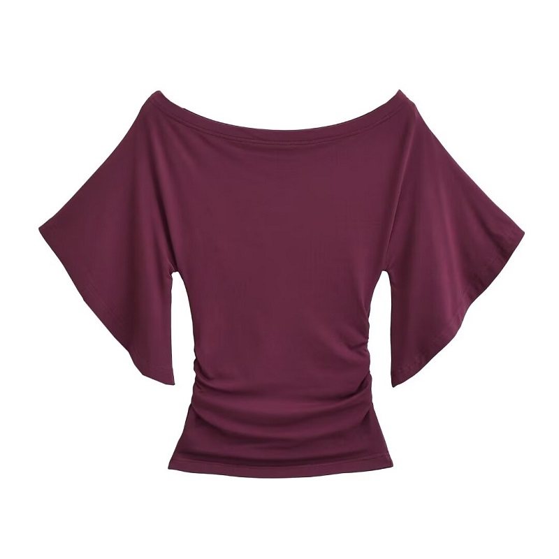 thumbnail for Sicilian Straight Neck Blue Three-Quarter Sleeve T-Shirt Women's Summer Waist Cinching Slim Hottie Design Sense Chic Off-the-Shoulder Top