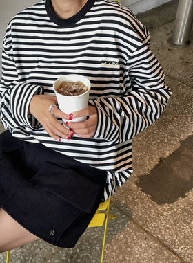 ET小众买手店24春夏 宽松字母刺绣条纹长袖T恤黑白百搭经典款上