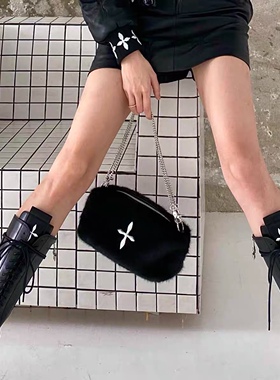 黑猫晚礼包可调节金属链条单肩包手提包斜挎包黑色简约